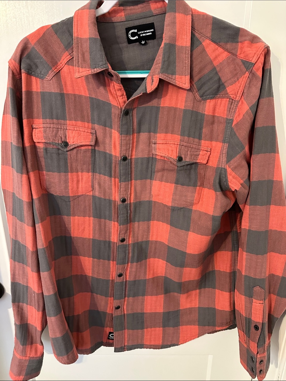 Lucky Brand Men’s Orange & Gray Plaid Button-Down Shirt